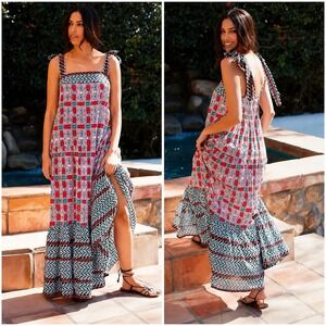 Tuckernuck Ro's Garden Tiered Cotton Maxi Dress Size M Coastal Boho Euro Summer